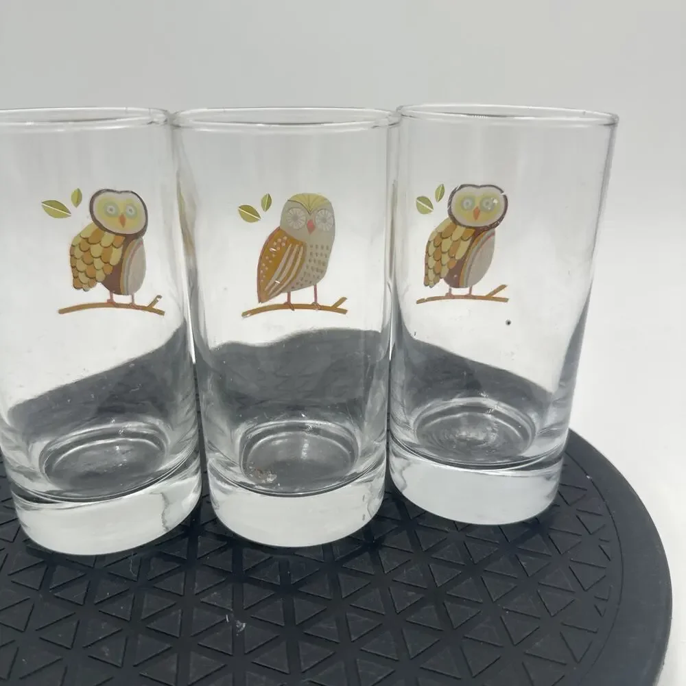 Set Of 3 Vintage Libbey Hoot Owl Small Juice Retro Drinking Glasses
